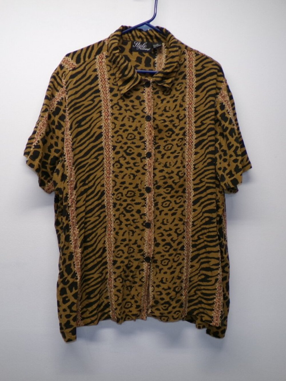 Vtg Y2K Style Exchange 100% Silk Animal Tiger Leopard Print Shirt Blouse sz 3X